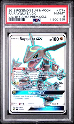 2018 Pokemon SM Celestial Storm Rayquaza GX #177a FA C.S.'19 Prem.Coll. PSA 8 - Image 1