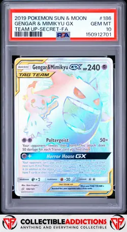2019 Pokemon Sun & Moon Team Up #186 Gengar & Mimikyu Gx Secret PSA 10 - Image 1