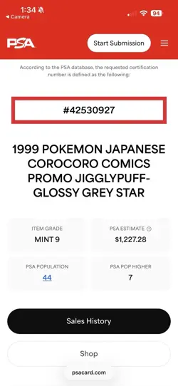 1999 Pokemon Jigglypuff Japanese Glossy Grey Star Corocoro PSA 9 - Image 3
