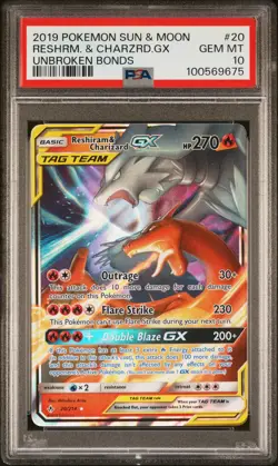 2019 POKEMON SUN & MOON UNBROKEN BONDS #20 RESHIRAM & CHARIZARD GX PSA 10 - Image 1