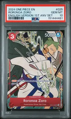 2024 ONE PIECE ENGLISH VERSION 1ST ANNIVERSARY SET #025 RORONOA ZORO PSA 10 - Image 1