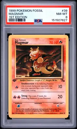 1999 POKEMON FOSSIL 1ST EDITION #39 MAGMAR PSA 8 - Image 1