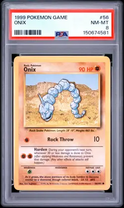 1999 POKEMON BASE SET UNLIMITED #56 ONIX PSA 8 - Image 1