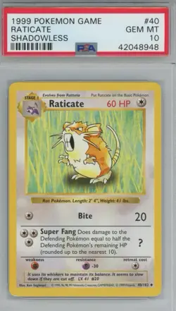 1999 Pokemon Base Set Shadowless – Raticate #40 – PSA 10 GEM MINT - Image 1