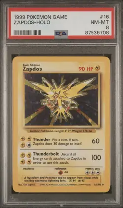 1999 Pokemon Game Zapdos Holo PSA 8 Mint Unlimited Base Set 16/102 - Image 1