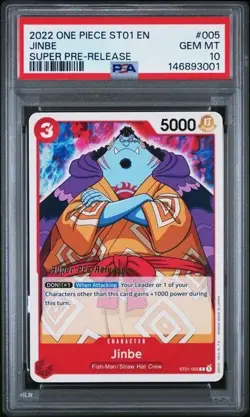 2022 ONE PIECE 005 JINBE SUPER PRE-RELEASE PSA 10 GEM MINT - Image 1