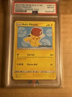 2017 Pokemon S&M Black Star Promo ASH'S PIKACHU I Choose You! Card SM113 PSA 8 - Image 1