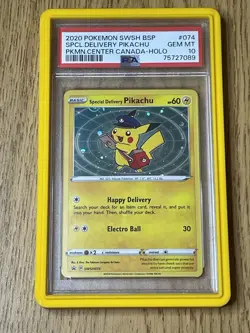 Special Delivery Pikachu 2020 Pokemon Center Canada #074 Holo PSA 10 Cool Swirl - Image 1