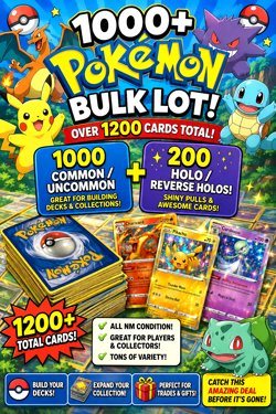 1000 Pokemon Bulk Lot | 1000+ C/Uc & 200 Holo/Reverse 1200+ Total NM English - Image 1