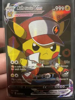 Pokemon TCG Ash Pikachu VCOS Cosplay Custom Full Art Holographic Card - Image 1