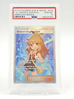 2019 POKEMON SUN & MOON UNBROKEN BONDS #209 GREEN'S EXPLORATION PSA 10 - Image 1