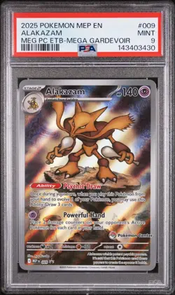 2025 POKEMON MEGA EVOLUTION POKEMON CENTER ETB PROMO #009 ALAKAZAM PSA 9 - Image 1