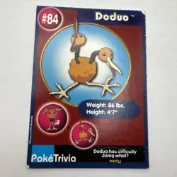 Pokemon 1999 Burger King Poketrivia Mewtwo Strikes Back Card #84 Doduo - Image 1