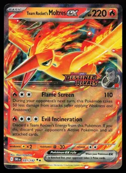 Team Rocket's Moltres ex 031/182 Holo Destined Rivals Stamped Promo Pokemon Card - Image 1