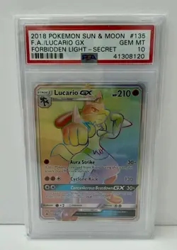 2018 Pokemon Sun Moon F.A. Lucario GX (Secret) #135 Forbidden Light Holo PSA 10 - Image 1