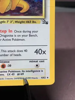 Pokemon TCG Dragonite 4/62 Fossil Set Holo Rare WOTC VTG 1999 - MP/MP- - Image 4