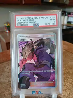 Pokemon Koga's Trap PSA 9 Sun & Moon Unbroken Bonds Full Art Trainer 211 - Image 1