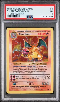 1999 POKEMON BASE SET SHADOWLESS #4 CHARIZARD-HOLO PSA 1 - Image 1