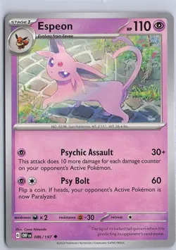 Pokemon TCG #086 /197 Espeon Uncommon Obsidian Flames - Image 1