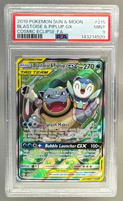 2019 Pokemon Sun & Moon Cosmic Eclipse 215 Blastoise Piplup GX PSA 9 - 4920 - Image 1