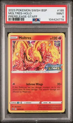 2023 POKEMON SWSH BLACK STAR PROMO PRERELEASE-STAFF #185 MOLTRES-HOLO PSA 9 - Image 1