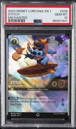 2023 DISNEY LORCANA EN 1-THE FIRST CHAPTER #206 STITCH - CAREFREE SURFER PSA 10 - Image 1