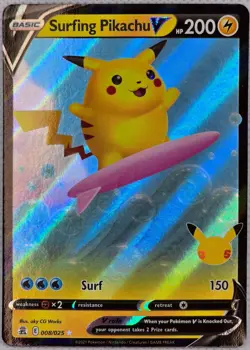 Surfing Pikachu V 008/025 Holo V Rare Celebrations Pokemon Holo Near Mint - Image 1
