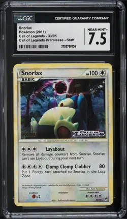 2011 POKEMON CALL OF LEGENDS PRERELEASE-STAFF #33 SNORLAX-HOLO CGC 7.5 a - Image 1
