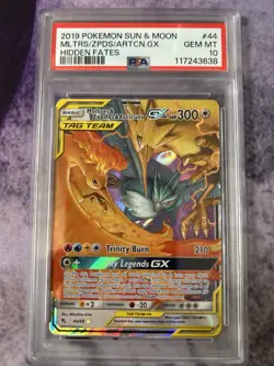 2019 POKEMON SUN & MOON HIDDEN FATES #44 MOLTRES & ZAPDOS & ARTICUNO GX PSA 10💎 - Image 1