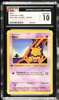 CGC 10 GEM MINT Abra 43/102 1st Edition Shadowless Base Set Pokemon Card - Image 1