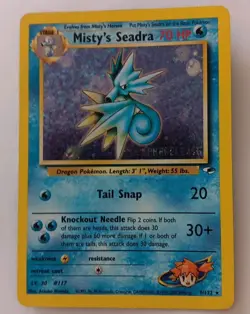 Misty's Seadra 9/132 Prerelease Gym Heroes Holo Rare Vintage Pokemon TCG w SWIRL - Image 1