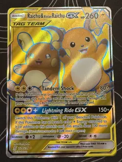 2019 Pokemon Raichu & Alolan Raichu GX Full Art Tag Team Holo Card 220/236 - Image 1