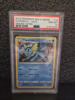 2019 Pokemon Sun and Moon Hidden Fates #18 Vaporeon Holo GEM MINT PSA 10 - Image 1