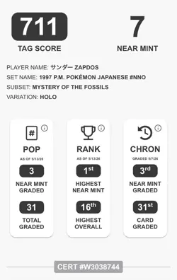 Pokemon TAG 7 Zapdos 145 Mystery of the Fossils Japanese Holo Rare 1997 - Image 3