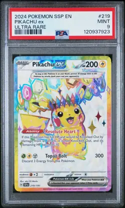 2024 Pokemon Surging Sparks EN #219 Pikachu ex Ultra Rare PSA 9 MINT - Image 1