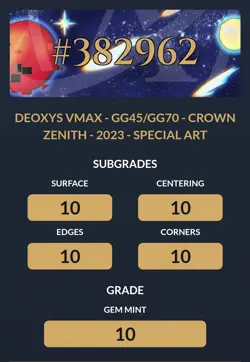 Pokemon Deoxys VMAX GG45/GG70 Crown Zenith GEM MINT - ACE 10 - PERFECT SUBS - Image 3