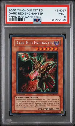 2008 Yu-Gi-Oh! Dark Red Enchanter PTDN 1st Edition Secret Rare PSA 9 - Image 1