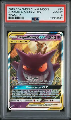 2019 POKEMON SUN & MOON TEAM UP #53 GENGAR & MIMIKYU GX PSA 8 - Image 1