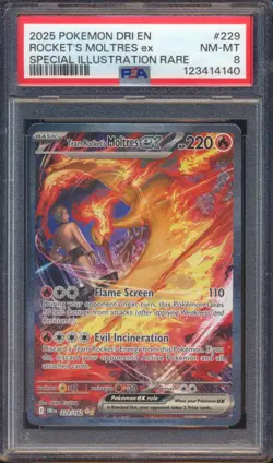 2025 POKEMON DESTINED RIVALS ROCKET'S MOLTRES EX #229 SIR PSA 8! - Image 1