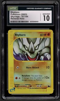 CGC 10 GEM MINT Rhyhorn 91/144 Reverse Holo 2003 Pokemon Skyridge Pop 11 - Image 1