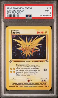 1999 POKEMON FOSSIL 1ST EDITION #15 ZAPDOS-HOLO PSA 9 - Image 1