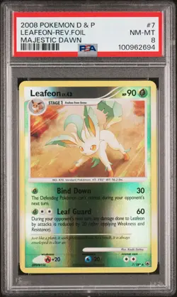 2008 POKEMON MAJESTIC DAWN LEAFEON #7 REVERSE HOLO FOIL PSA 8 NM #100962694 - Image 1