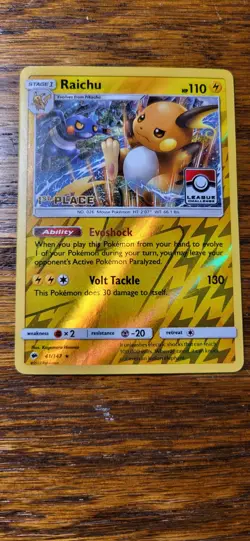SM Burning Shadows Raichu 1st Place Reverse Holo Pokemon League Challenge Promo - Image 1