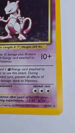 Mewtwo 010/102 Pokemon Base Set Unlimited 1999 - Rare Holographic - WoTC - Image 3