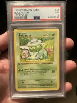 Pokemon TCG Bulbasaur 44/102 Base Set, Shadowless 1st Edition, PSA 7 - Image 1