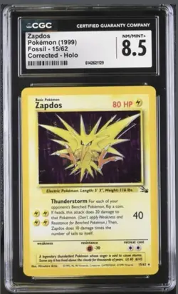Pokemon Zapdos 15/62 1999 Fossil Holo Corrected CGC 8.5 - Image 1