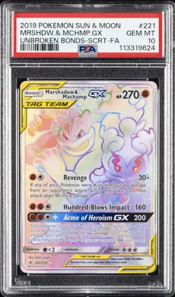 2019 POKEMON SUN & MOON UNBROKEN BONDS FULL ART/MARSHADOW & MACHAMP GX PSA 10 - Image 1