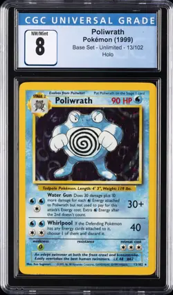 1999 POKEMON BASE SET - UNLIMITED - HOLO #13/102 POLIWRATH CGC 8 - Image 1