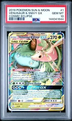 VENUSAUR & SNIVY GX PSA 10 2019 POKEMON SUN & MOON #1 COSMIC ECLIPSE Tag Team - Image 1