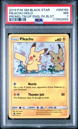 POKEMON TEAM UP SM BLACK STAR PROMO PIKACHU #SM162 HOLO PSA 7 NM #117652655 - Image 1